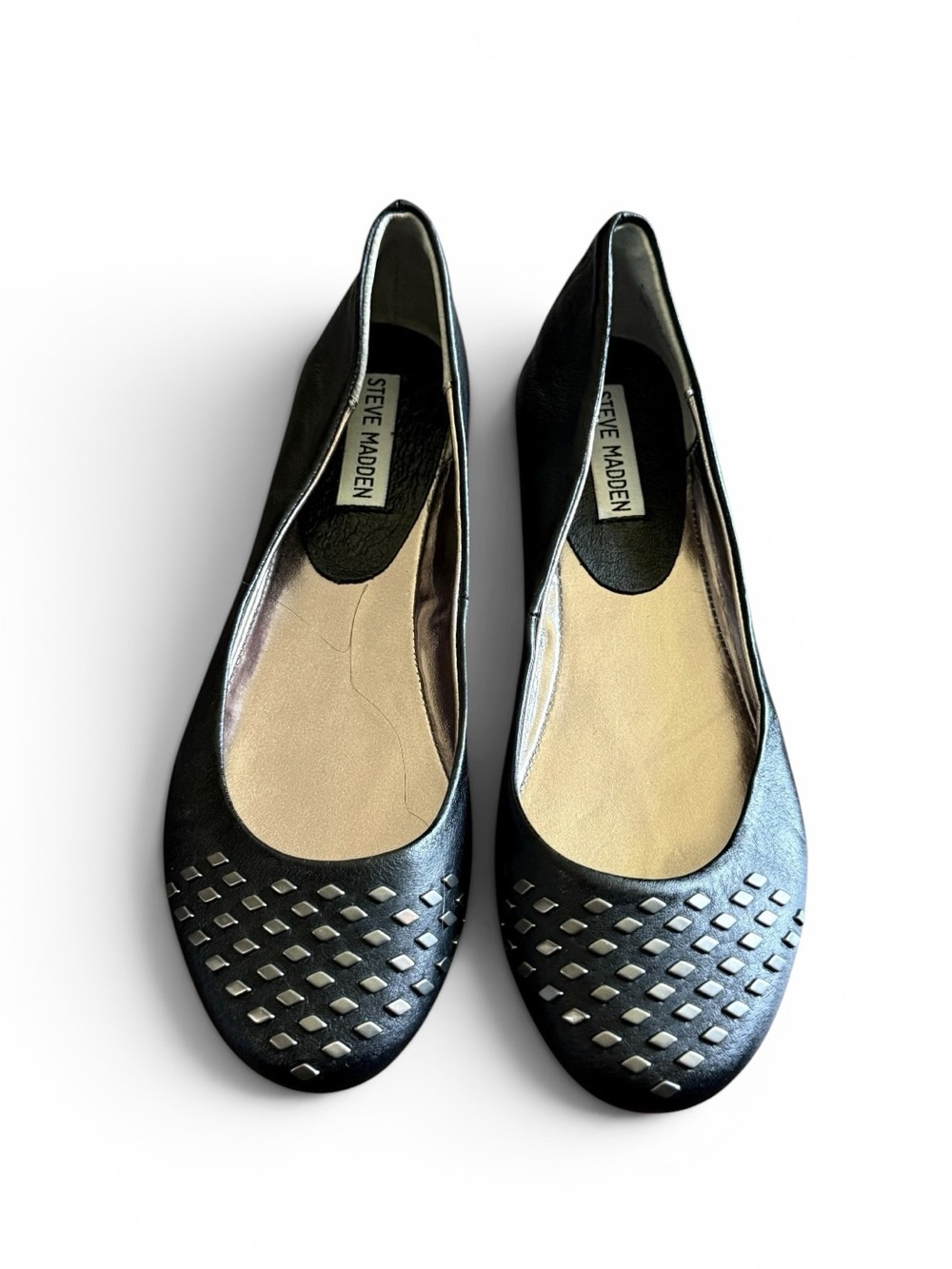 STEVE MADDEN Henlyy  Black Leather Ballet Flats with Silver-Tone Cutouts Size 8